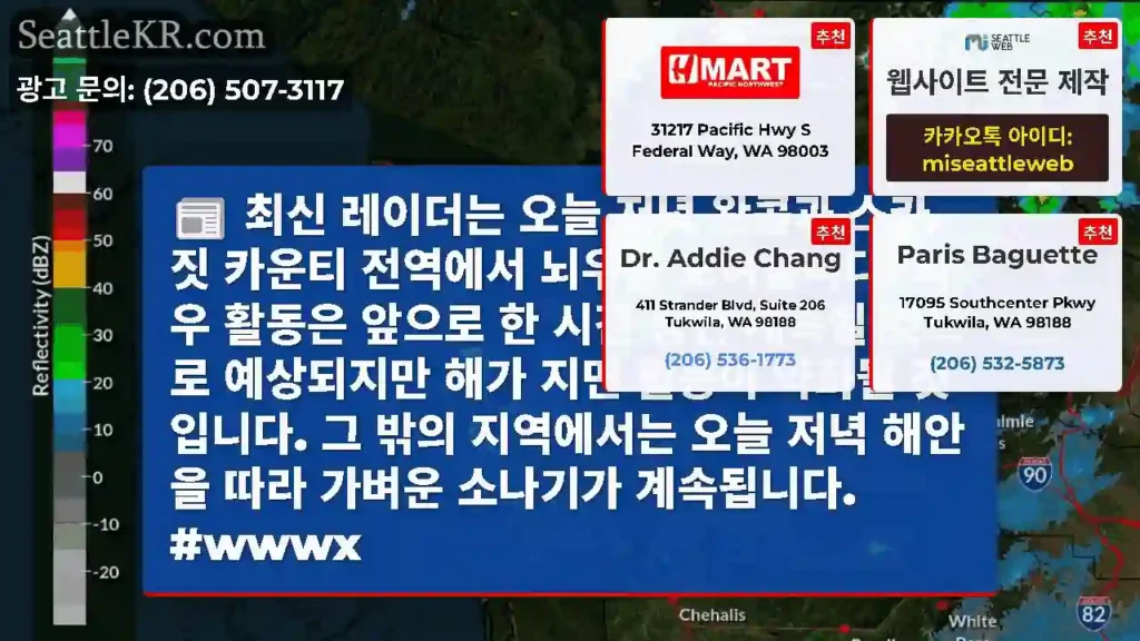 최신 레이더는 오늘 저녁 왓콤과 스카짓 카운티 전역에서 뇌우를 보여줍니다. 뇌우 활동은
