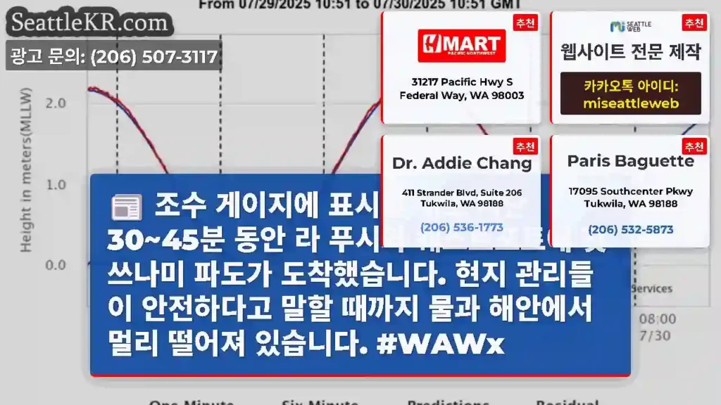 조수 게이지에 표시된 대로 지난 30~45분 동안 라 푸시와 웨스트포트에 첫 쓰나미