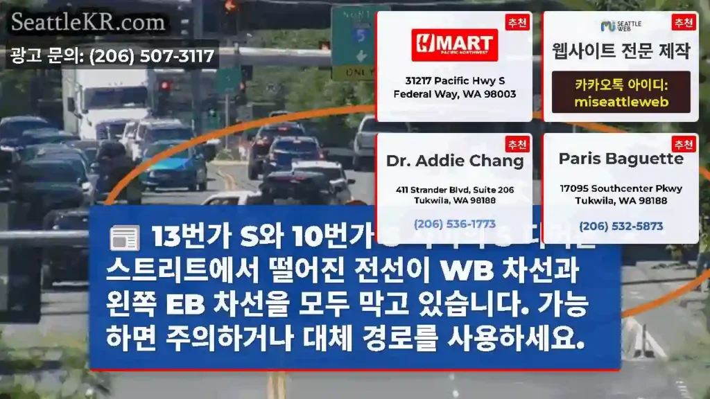 13번가 S와 10번가 S 사이의 S 디어본 스트리트에서 떨어진 전선이 WB 차선과 왼쪽