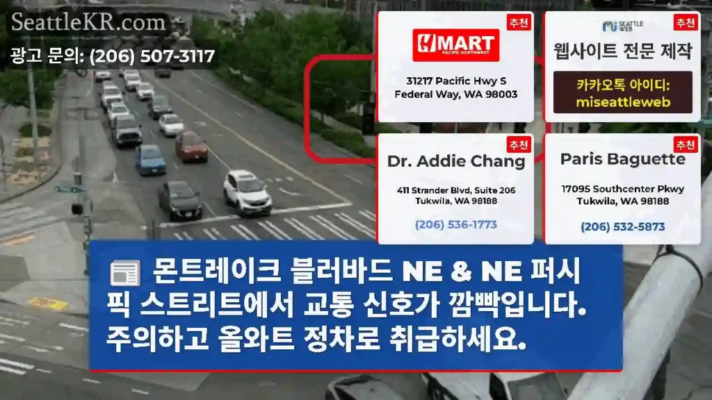 몬트레이크 블러바드 NE & NE 퍼시픽 스트리트에서 교통 신호가 깜빡입니다. 주의하고