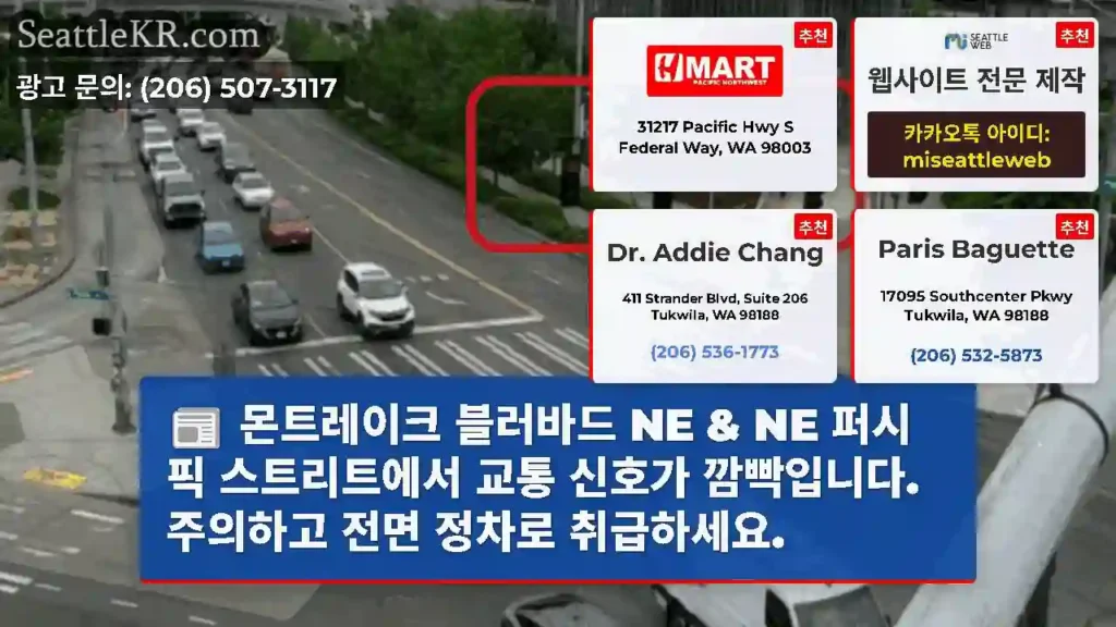 몬트레이크 블러바드 NE & NE 퍼시픽 스트리트에서 교통 신호가 깜빡입니다. 주의하고