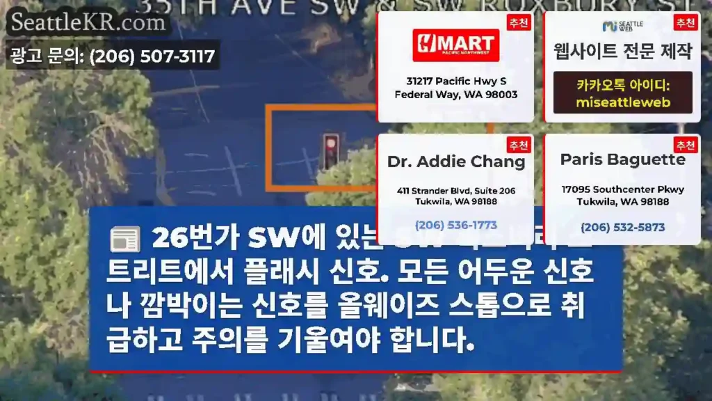 26번가 SW에 있는 SW 록스버리 스트리트에서 플래시 신호. 모든 어두운 신호나