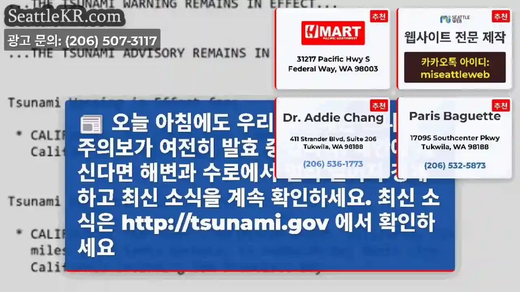 오늘 아침에도 우리 해안에는 쓰나미 주의보가 여전히 발효 중입니다. 해안에 계신다면