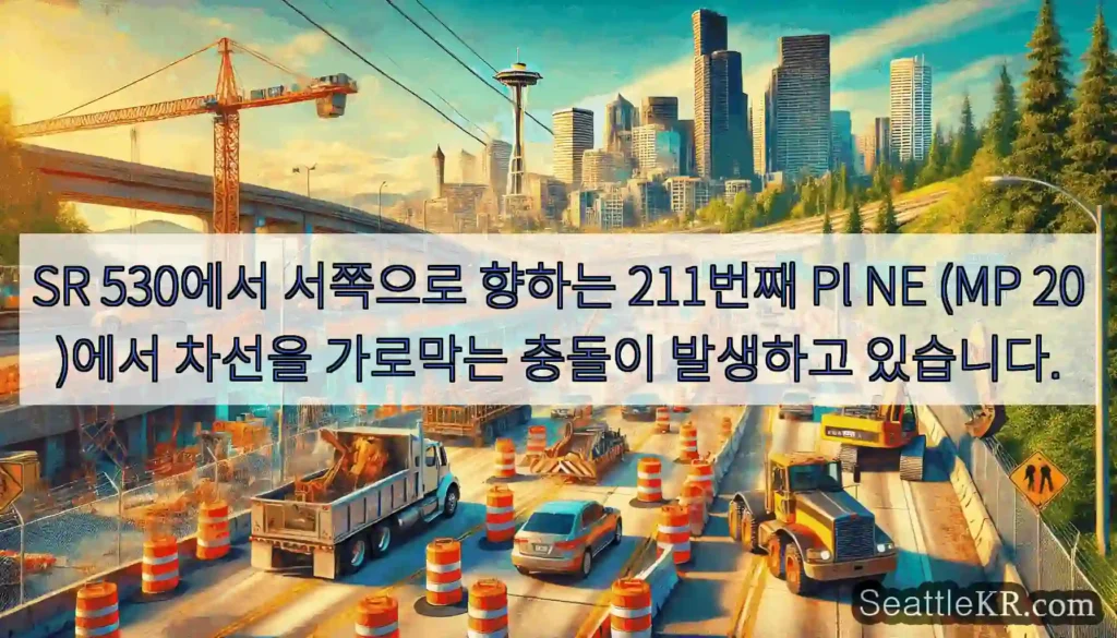 SR 530에서 서쪽으로 향하는 211번째 Pl NE (MP 20)에서 차선을 가로막는