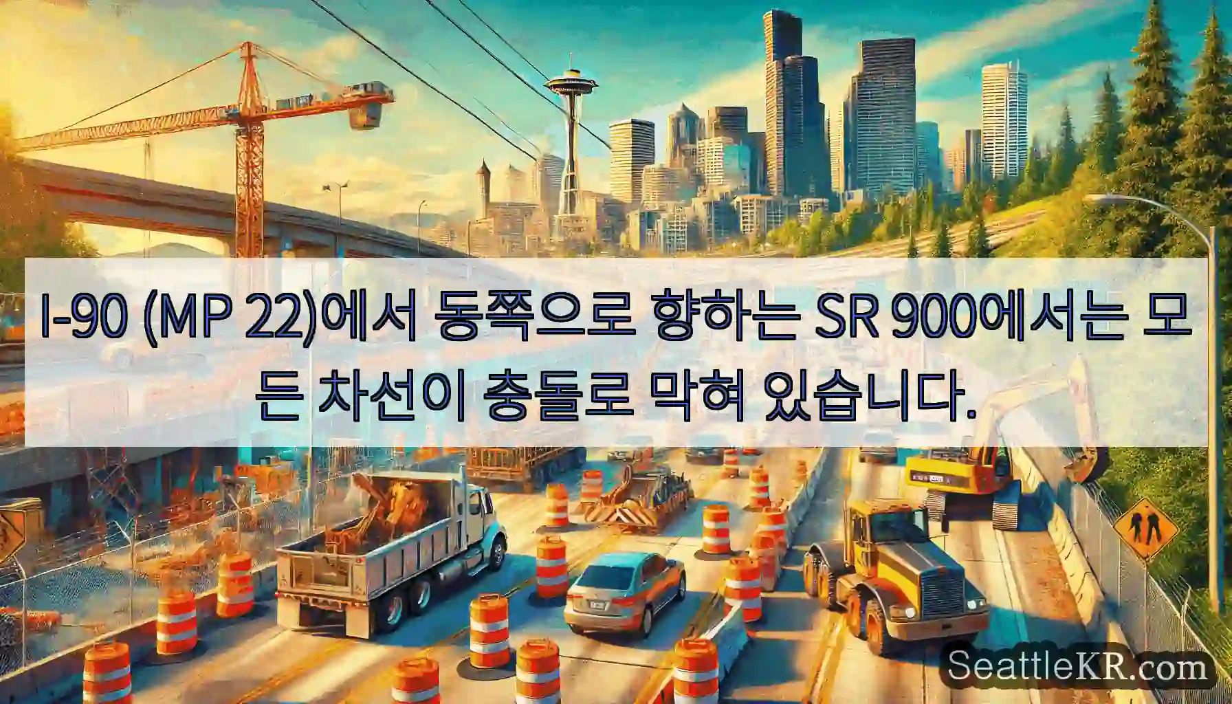 I-90 (MP 22)에서 동쪽으로 향하는 SR 900에서는 모든 차선이 충돌로 막혀