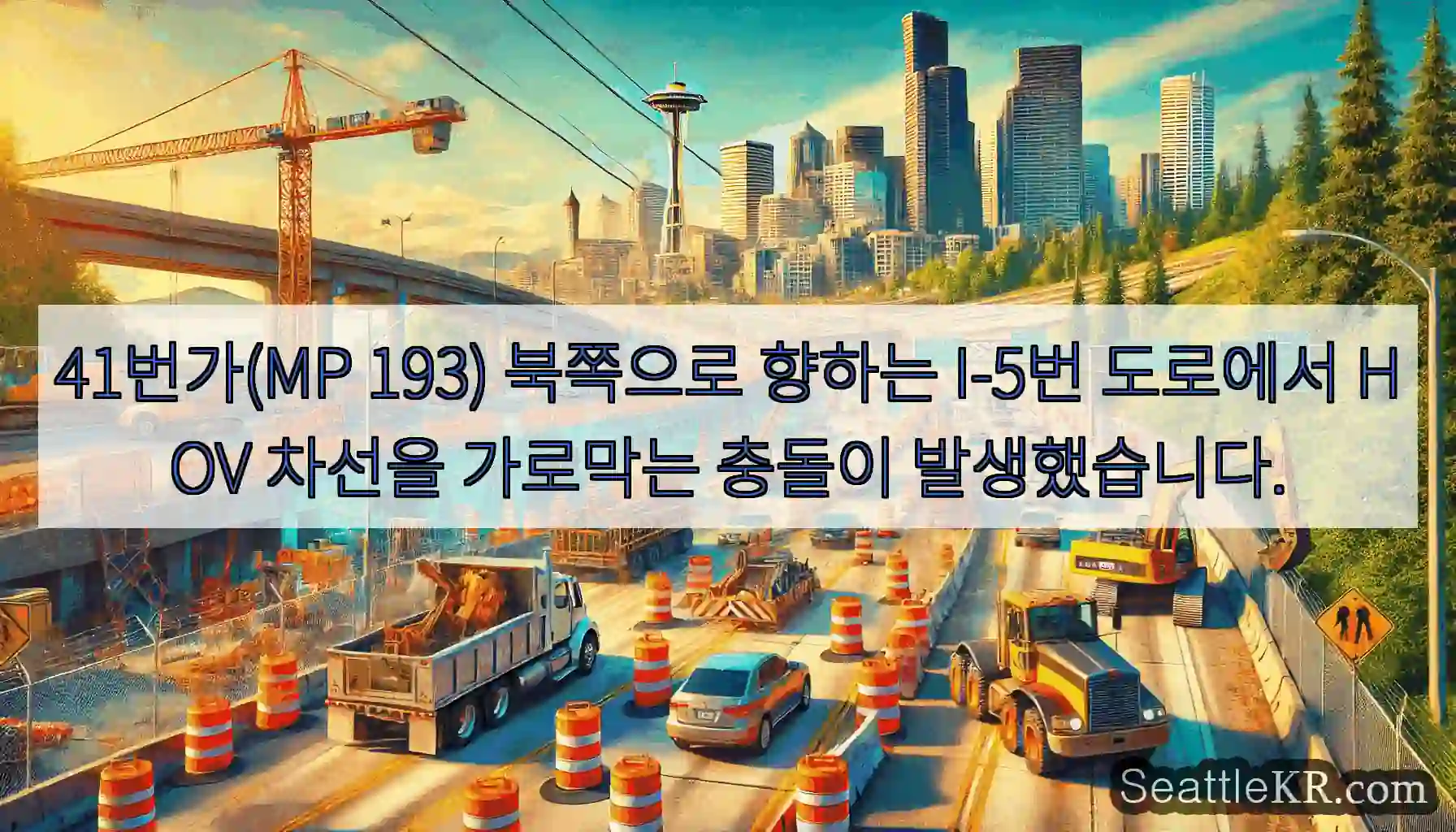 41번가(MP 193) 북쪽으로 향하는 I-5번 도로에서 HOV 차선을 가로막는 충돌이