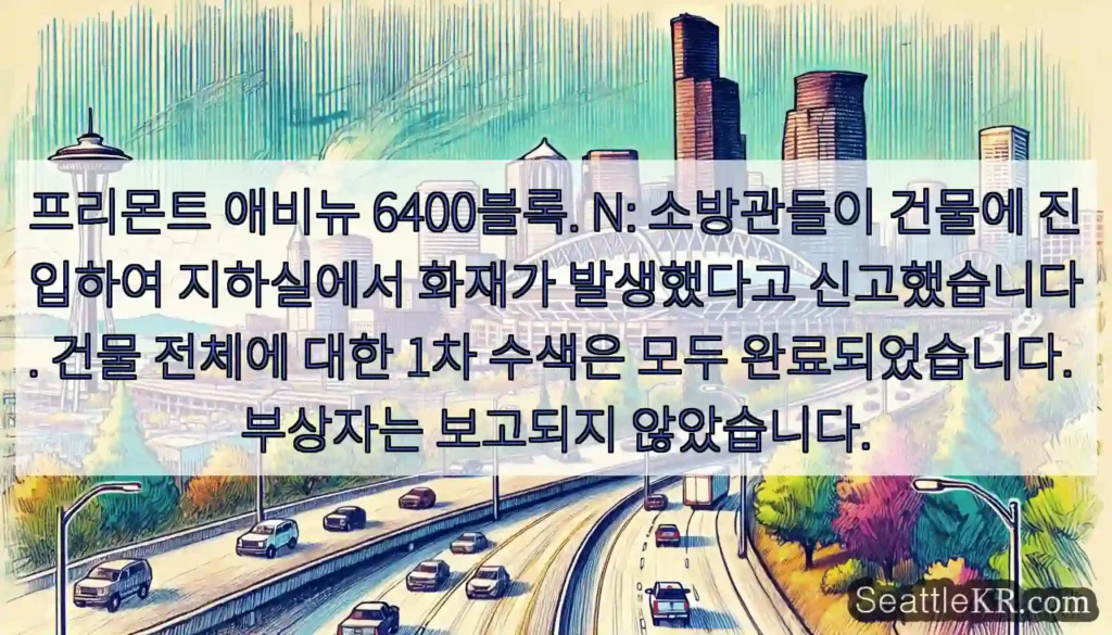 프리몬트 애비뉴 6400블록. N: 소방관들이 건물에 진입하여 지하실에서 화재가