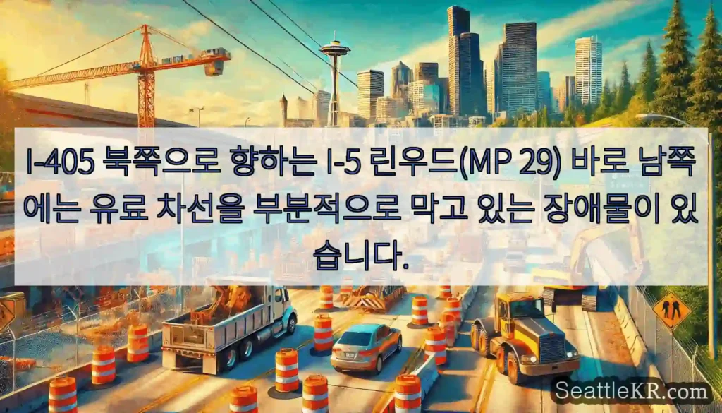 I-405 북쪽으로 향하는 I-5 린우드(MP 29) 바로 남쪽에는 유료 차선을
