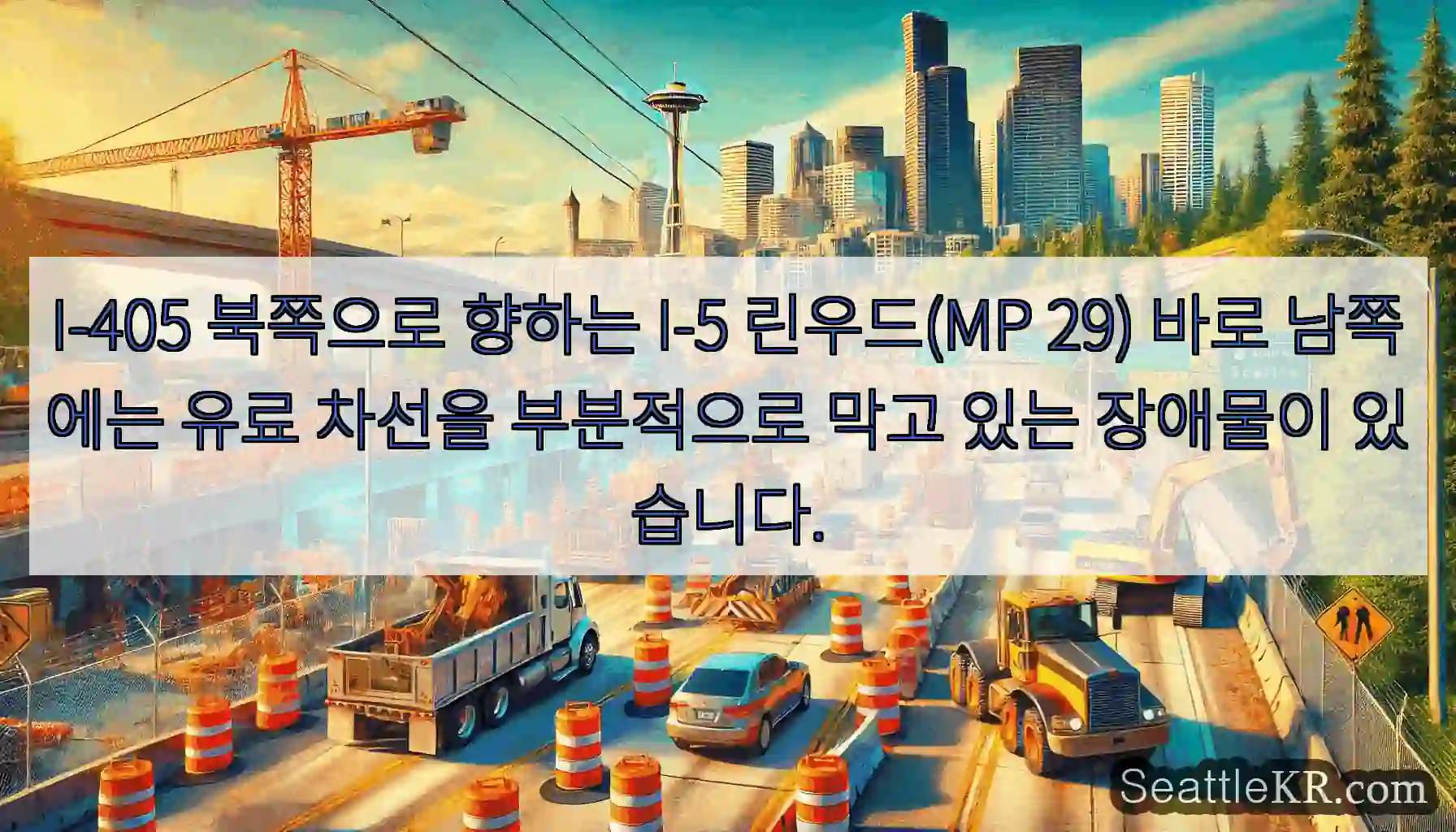 I-405 북쪽으로 향하는 I-5 린우드(MP 29) 바로 남쪽에는 유료 차선을