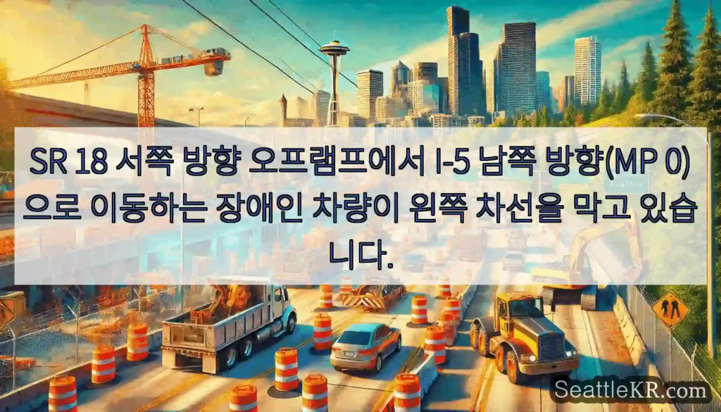 SR 18 서쪽 방향 오프램프에서 I-5 남쪽 방향(MP 0)으로 이동하는 장애인 차량이
