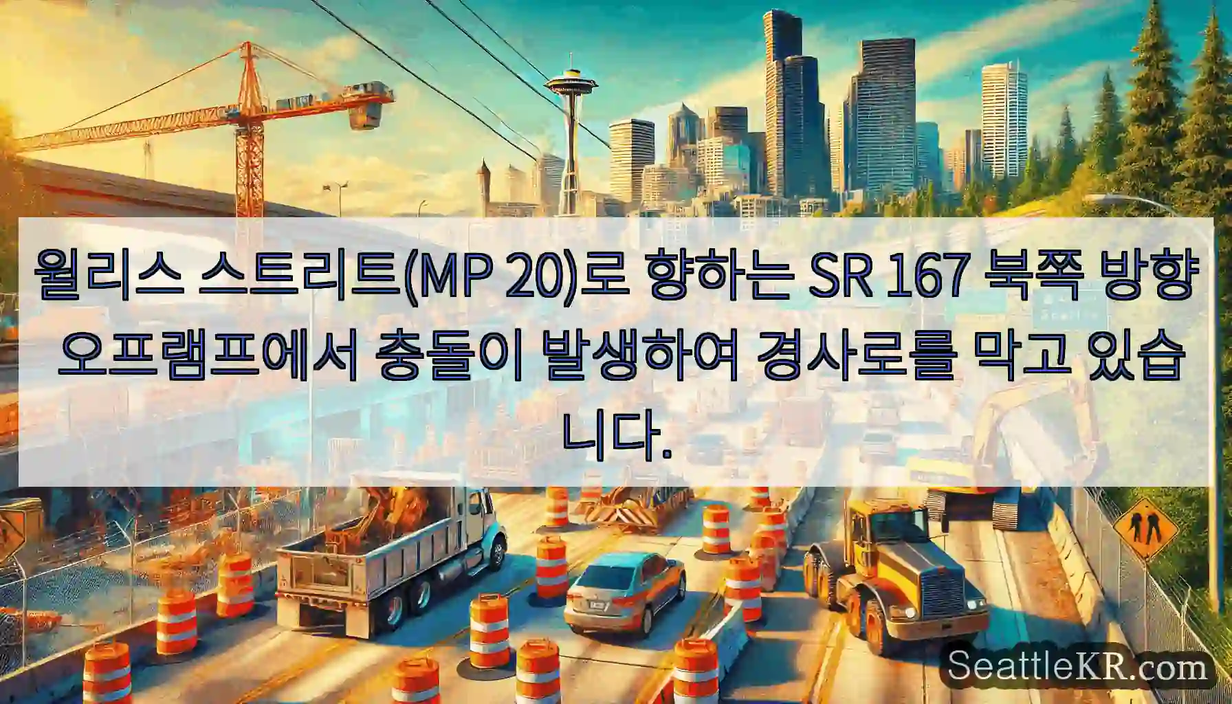 윌리스 스트리트(MP 20)로 향하는 SR 167 북쪽 방향 오프램프에서 충돌이 발생하여