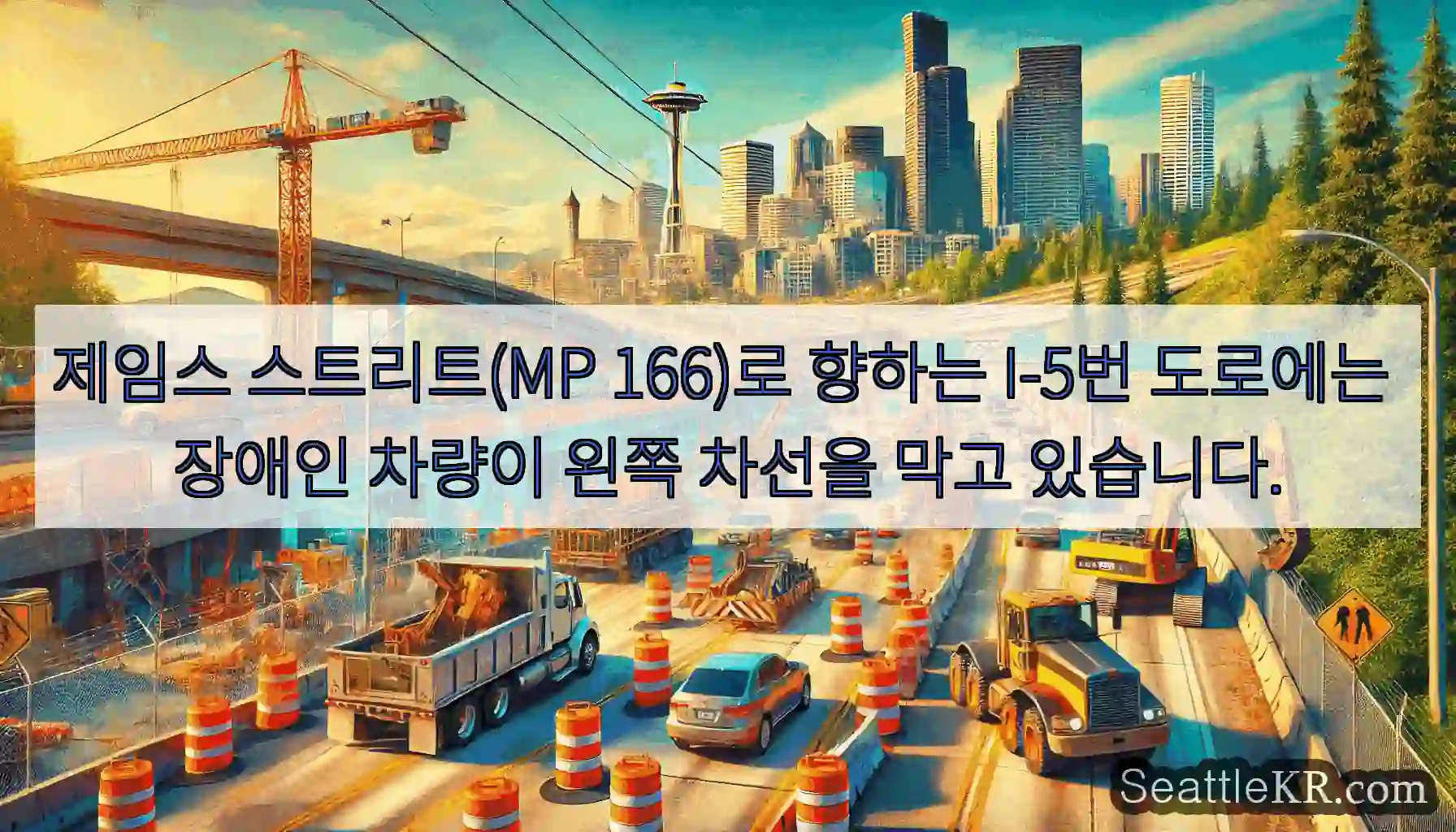 제임스 스트리트(MP 166)로 향하는 I-5번 도로에는 장애인 차량이 왼쪽 차선을 막고