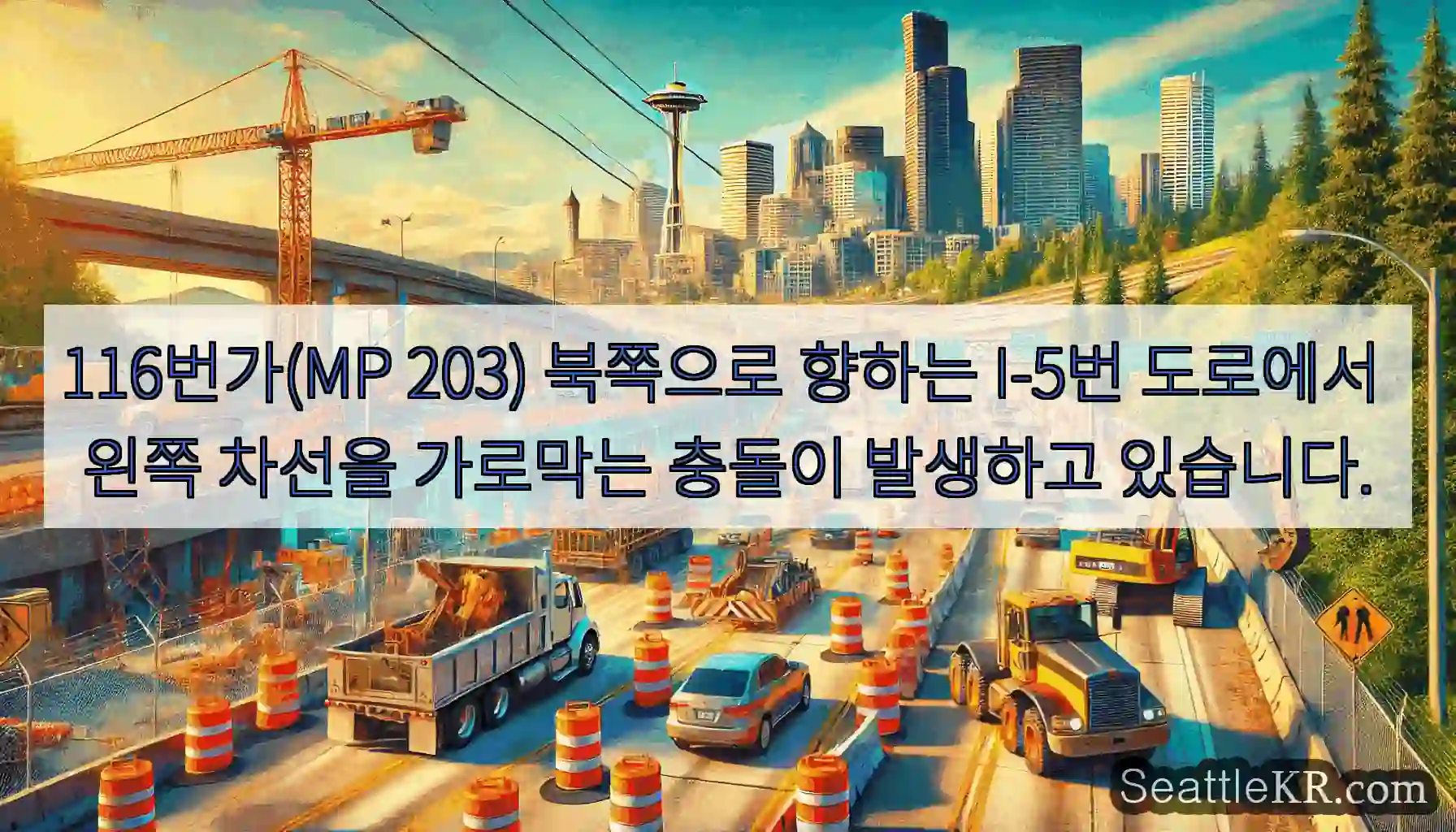 116번가(MP 203) 북쪽으로 향하는 I-5번 도로에서 왼쪽 차선을 가로막는 충돌이