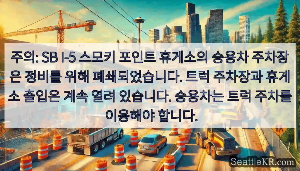 주의: SB I-5 스모키 포인트 휴게소의 승용차 주차장은 정비를 위해 폐쇄되었습니다.