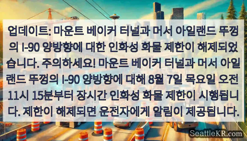 업데이트: 마운트 베이커 터널과 머서 아일랜드 뚜껑의 I-90 양방향에 대한 인화성 화물