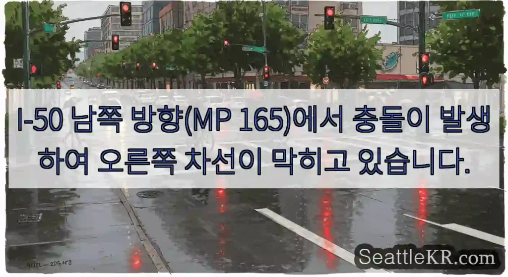 I-50 남쪽 방향(MP 165)에서 충돌이 발생하여 오른쪽 차선이 막히고 있습니다.