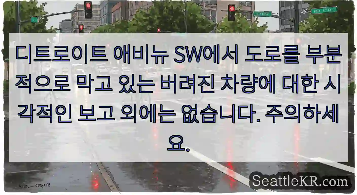 디트로이트 애비뉴 SW에서 도로를 부분적으로 막고 있는 버려진 차량에 대한 시각적인 보고
