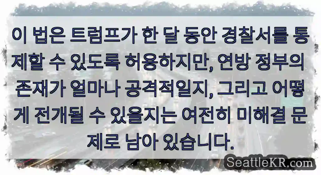 이 법은 트럼프가 한 달 동안 경찰서를 통제할 수 있도록 허용하지만, 연방 정부의 존재가
