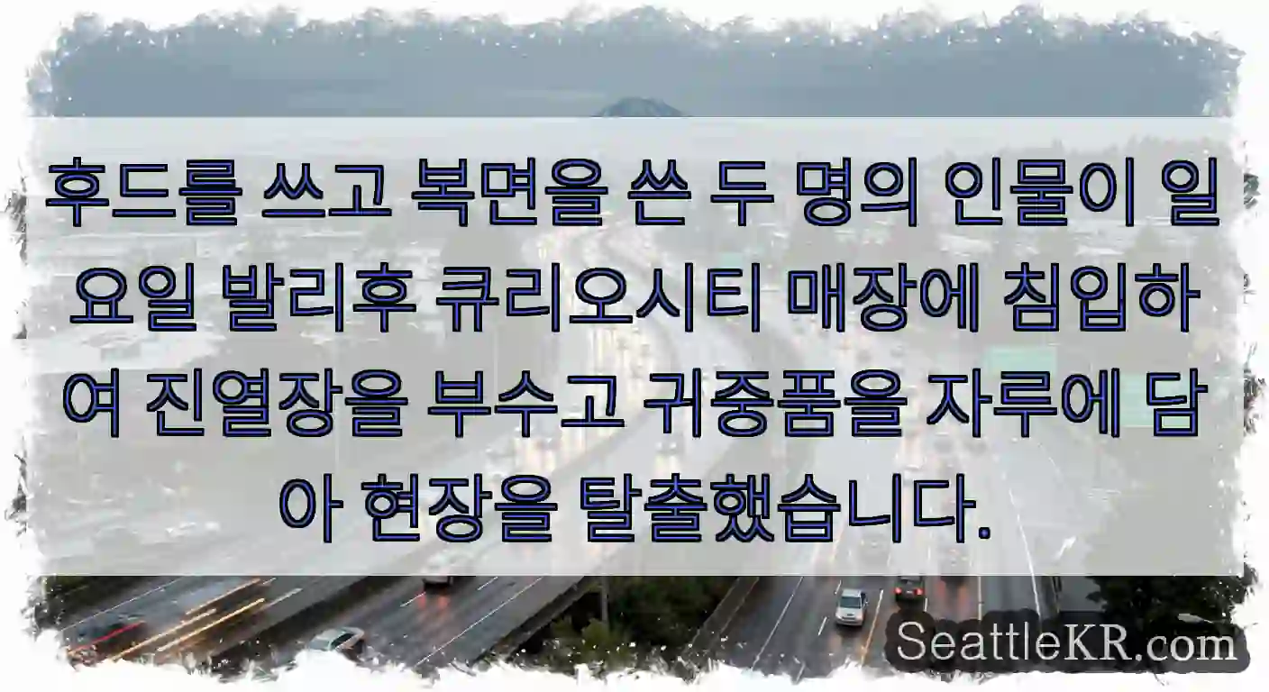 후드를 쓰고 복면을 쓴 두 명의 인물이 일요일 발리후 큐리오시티 매장에 침입하여 진열장을