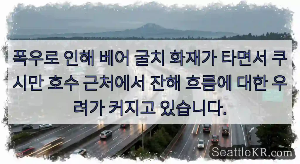 폭우로 인해 베어 굴치 화재가 타면서 쿠시만 호수 근처에서 잔해 흐름에 대한 우려가