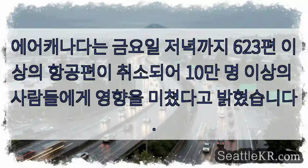 에어캐나다는 금요일 저녁까지 623편 이상의 항공편이 취소되어 10만 명 이상의