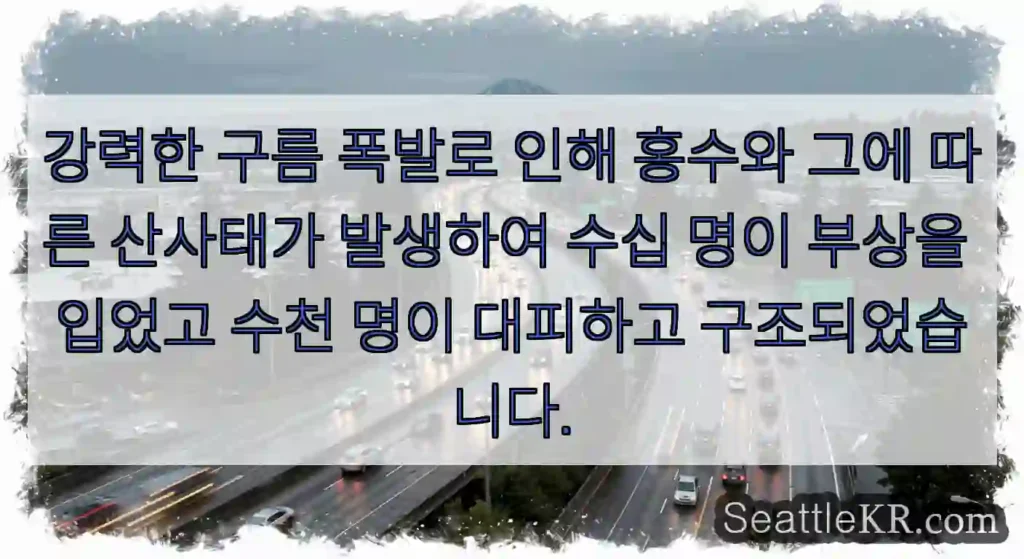 강력한 구름 폭발로 인해 홍수와 그에 따른 산사태가 발생하여 수십 명이 부상을 입었고