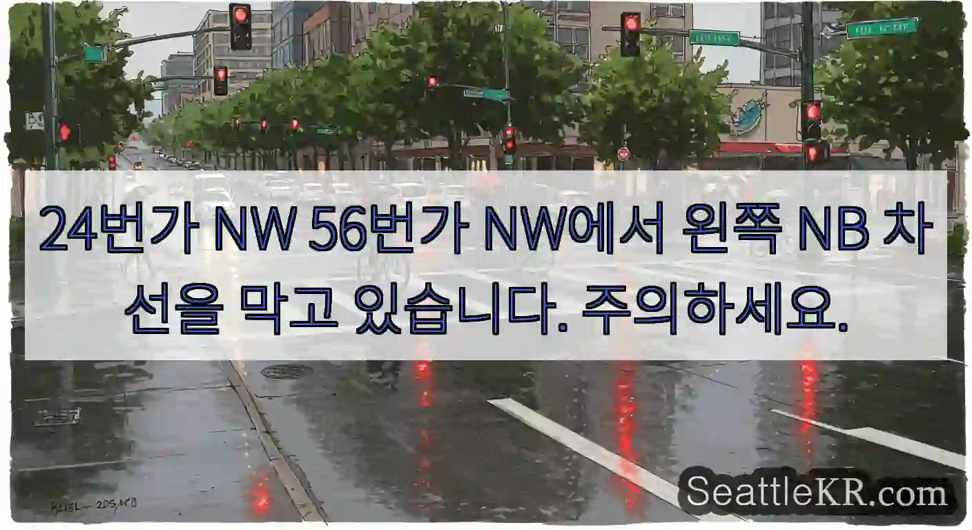 24번가 NW 56번가 NW에서 왼쪽 NB 차선을 막고 있습니다. 주의하세요.