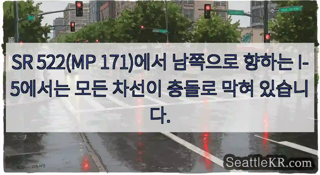 SR 522(MP 171)에서 남쪽으로 향하는 I-5에서는 모든 차선이 충돌로 막혀