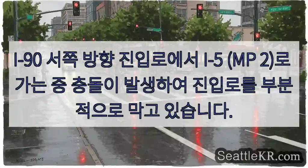 I-90 서쪽 방향 진입로에서 I-5 (MP 2)로 가는 중 충돌이 발생하여 진입로를