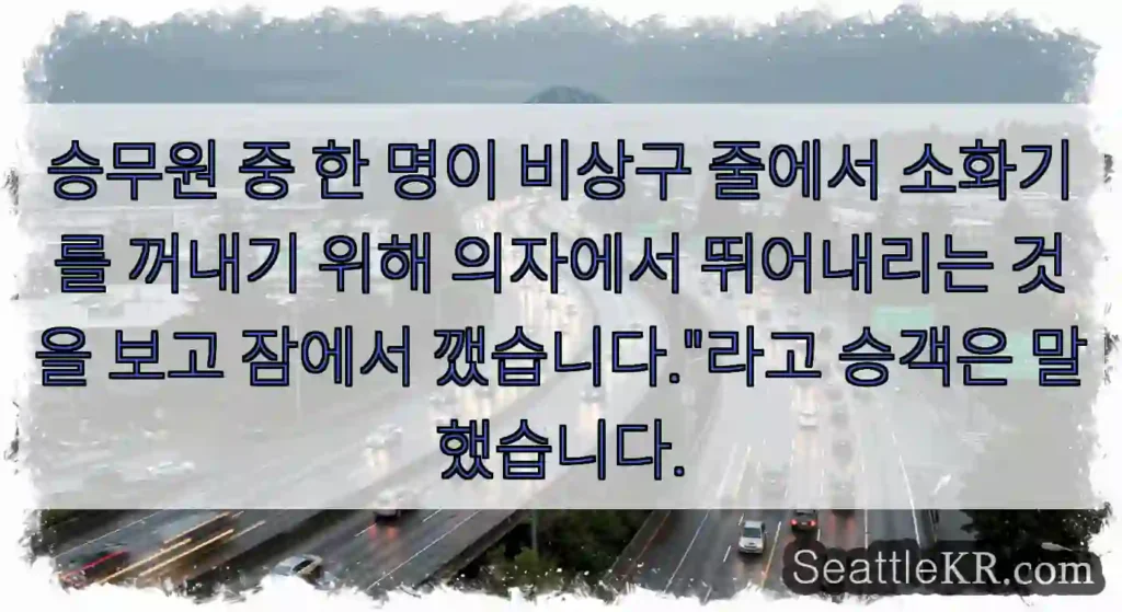 승무원 중 한 명이 비상구 줄에서 소화기를 꺼내기 위해 의자에서 뛰어내리는 것을 보고