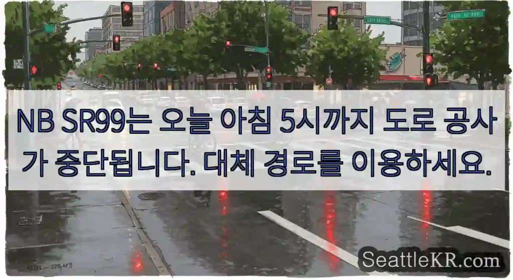 NB SR99는 오늘 아침 5시까지 도로 공사가 중단됩니다. 대체 경로를 이용하세요.