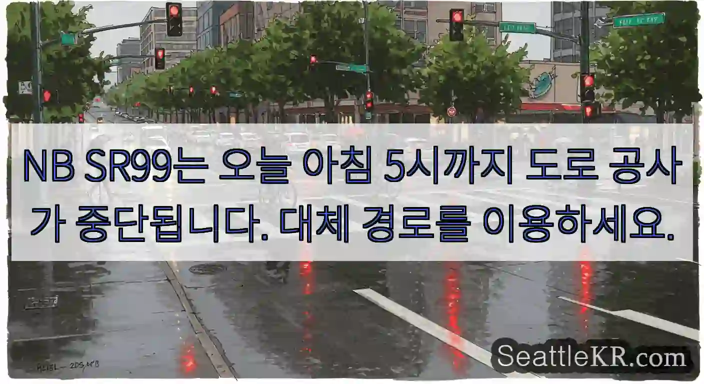 NB SR99는 오늘 아침 5시까지 도로 공사가 중단됩니다. 대체 경로를 이용하세요.