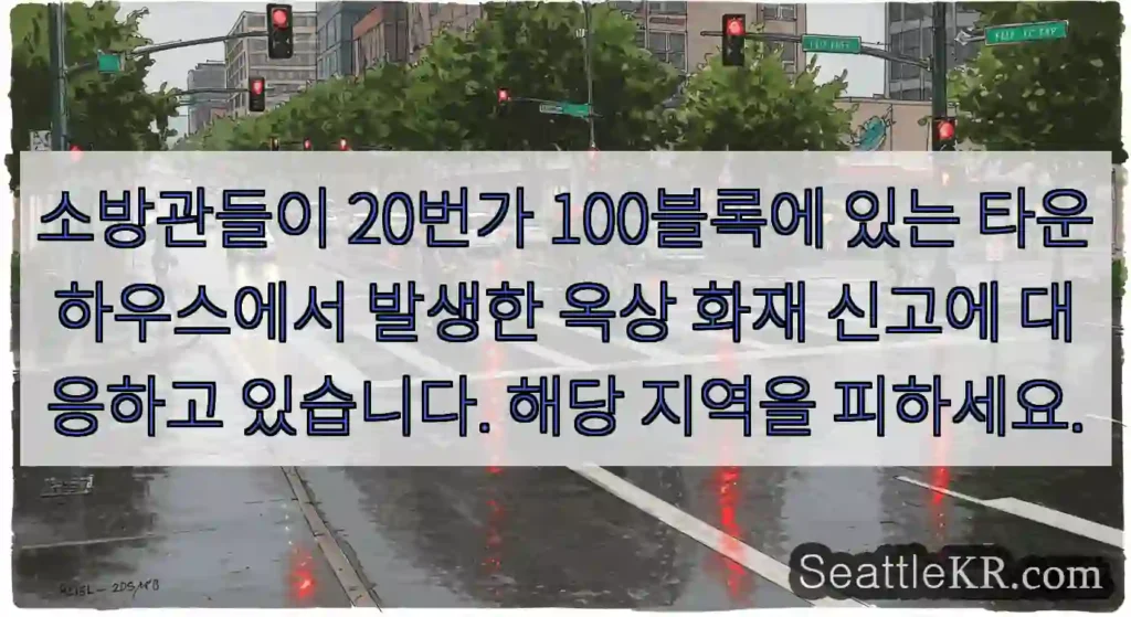 소방관들이 20번가 100블록에 있는 타운하우스에서 발생한 옥상 화재 신고에 대응하고