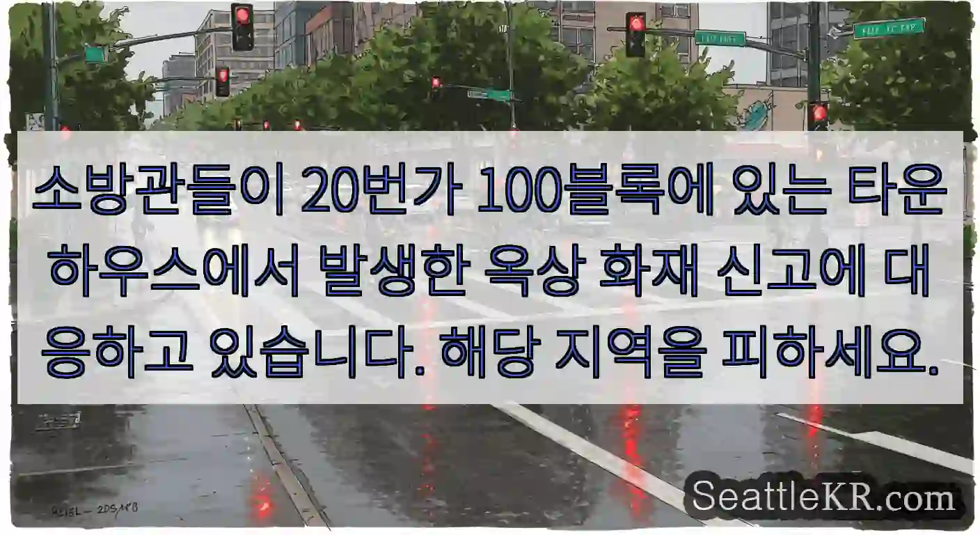 소방관들이 20번가 100블록에 있는 타운하우스에서 발생한 옥상 화재 신고에 대응하고