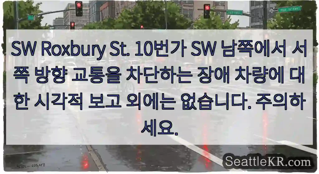 SW Roxbury St. 10번가 SW 남쪽에서 서쪽 방향 교통을 차단하는 장애 차량에