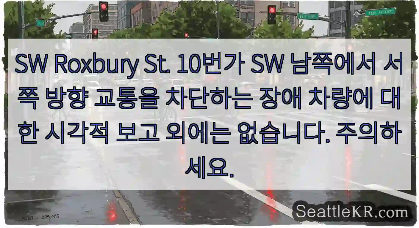 SW Roxbury St. 10번가 SW 남쪽에서 서쪽 방향 교통을 차단하는 장애 차량에