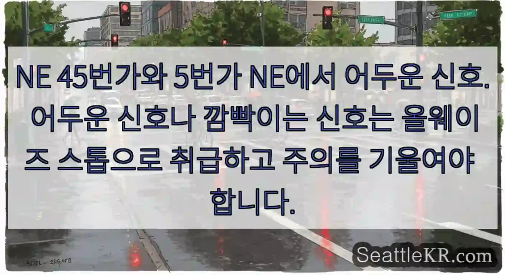 NE 45번가와 5번가 NE에서 어두운 신호. 어두운 신호나 깜빡이는 신호는 올웨이즈