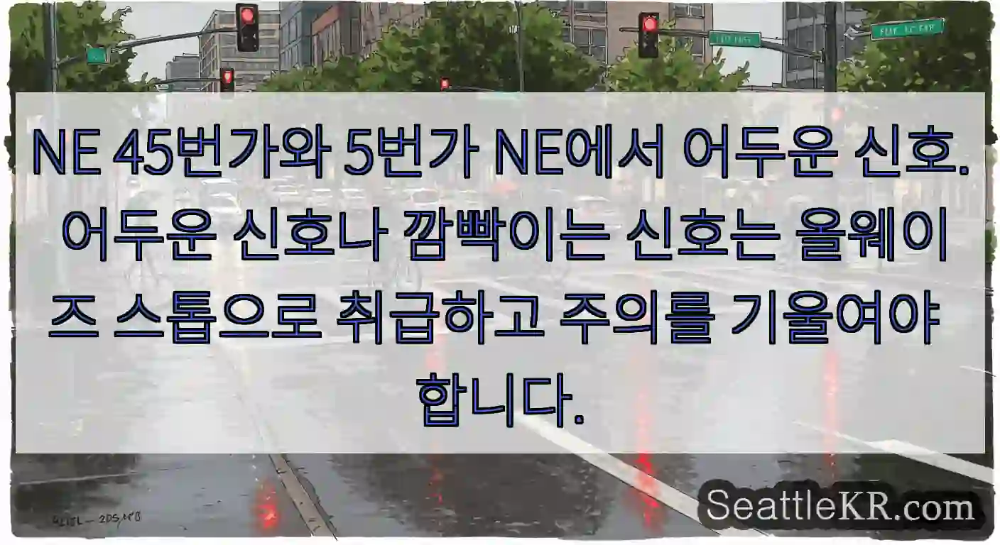 NE 45번가와 5번가 NE에서 어두운 신호. 어두운 신호나 깜빡이는 신호는 올웨이즈