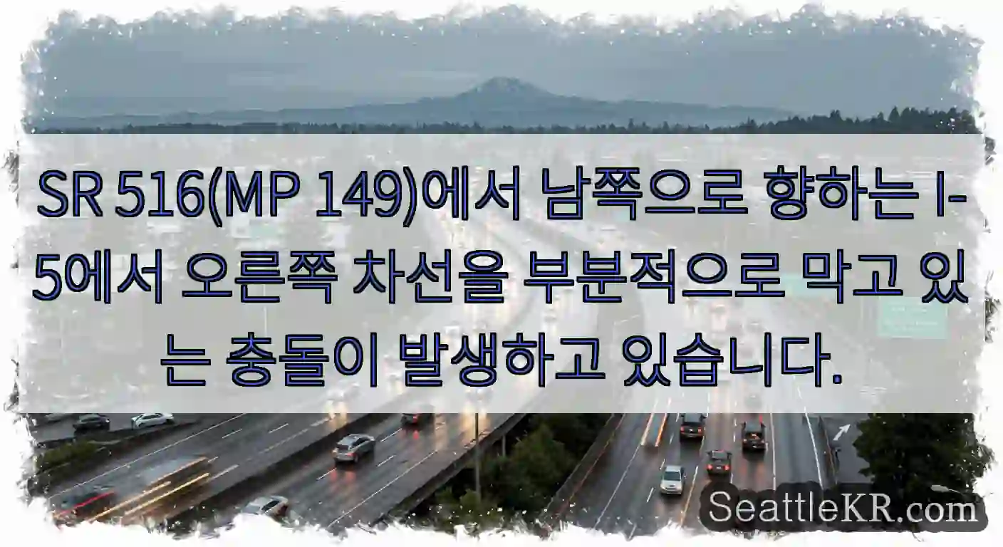 SR 516(MP 149)에서 남쪽으로 향하는 I-5에서 오른쪽 차선을 부분적으로 막고