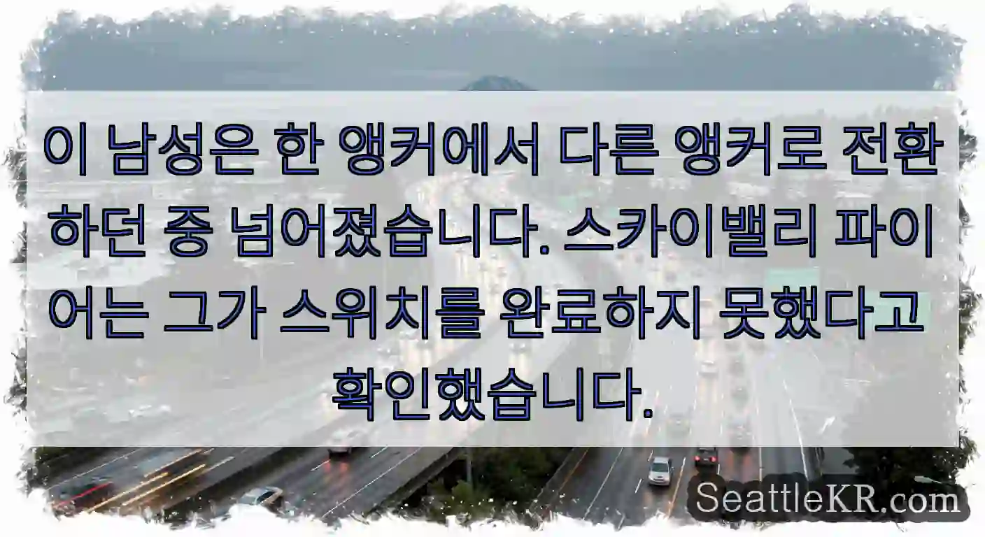 이 남성은 한 앵커에서 다른 앵커로 전환하던 중 넘어졌습니다. 스카이밸리 파이어는 그가