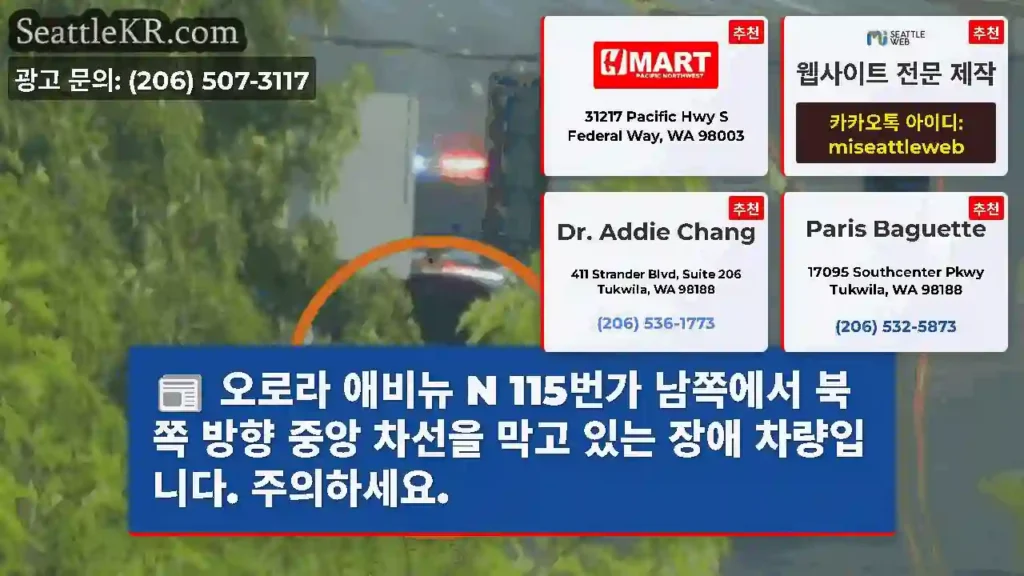 오로라 애비뉴 N 115번가 남쪽에서 북쪽 방향 중앙 차선을 막고 있는 장애 차량입니다.