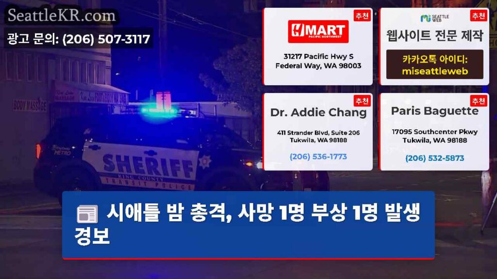 시애틀 밤 총격, 사망 1명 부상 1명 발생 경보