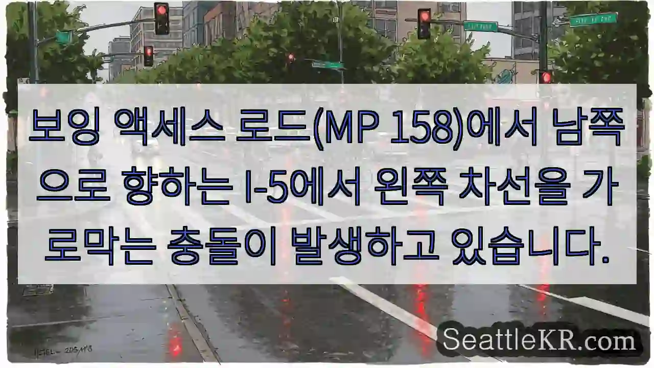 보잉 액세스 로드(MP 158)에서 남쪽으로 향하는 I-5에서 왼쪽 차선을 가로막는