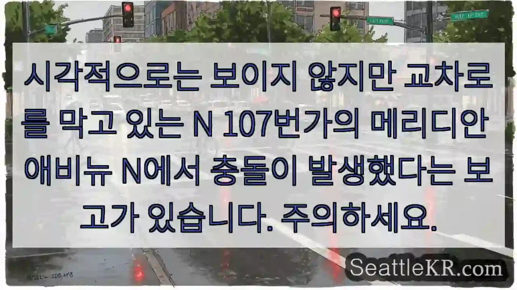 시각적으로는 보이지 않지만 교차로를 막고 있는 N 107번가의 메리디안 애비뉴 N에서