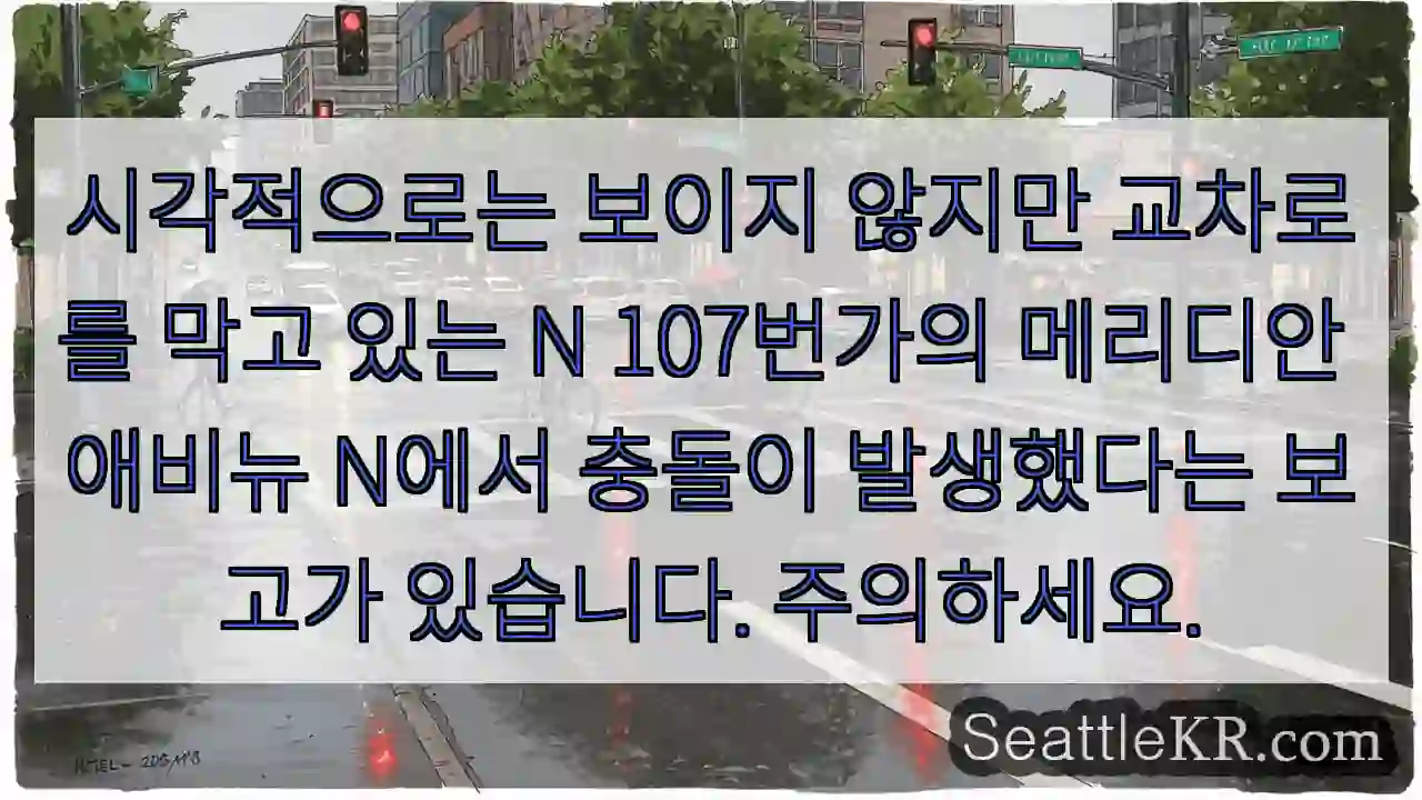 시각적으로는 보이지 않지만 교차로를 막고 있는 N 107번가의 메리디안 애비뉴 N에서