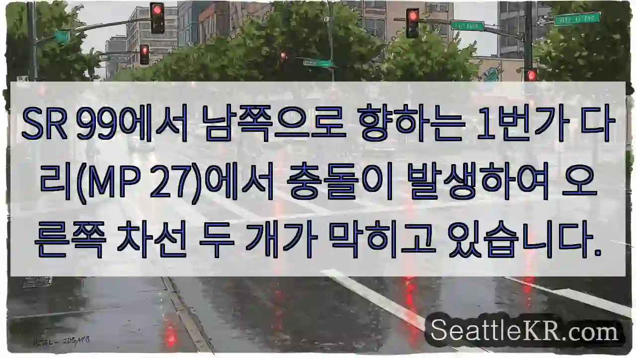 SR 99에서 남쪽으로 향하는 1번가 다리(MP 27)에서 충돌이 발생하여 오른쪽 차선
