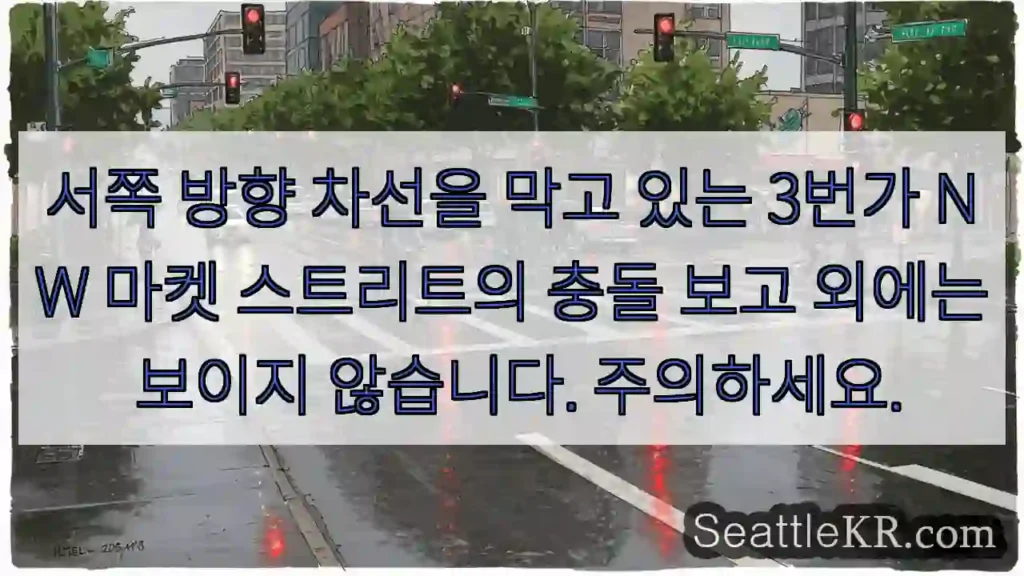 서쪽 방향 차선을 막고 있는 3번가 NW 마켓 스트리트의 충돌 보고 외에는 보이지