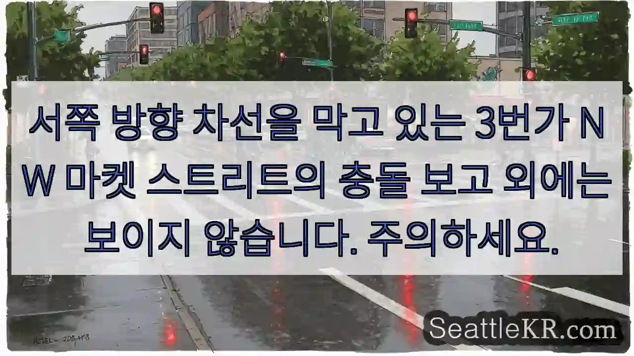 서쪽 방향 차선을 막고 있는 3번가 NW 마켓 스트리트의 충돌 보고 외에는 보이지