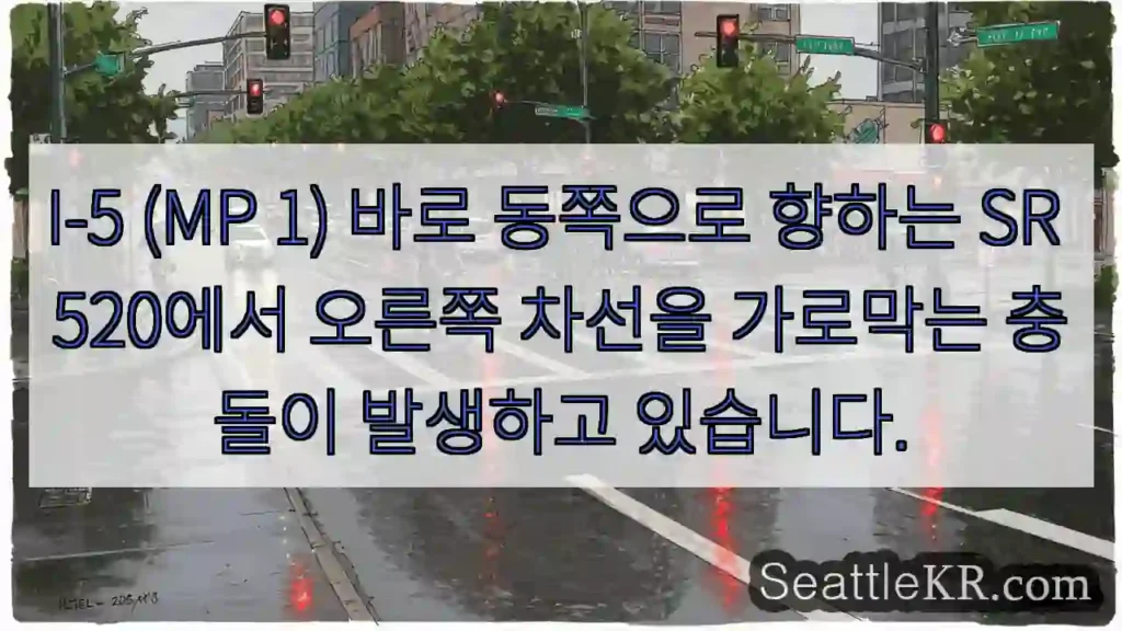 I-5 (MP 1) 바로 동쪽으로 향하는 SR 520에서 오른쪽 차선을 가로막는 충돌이