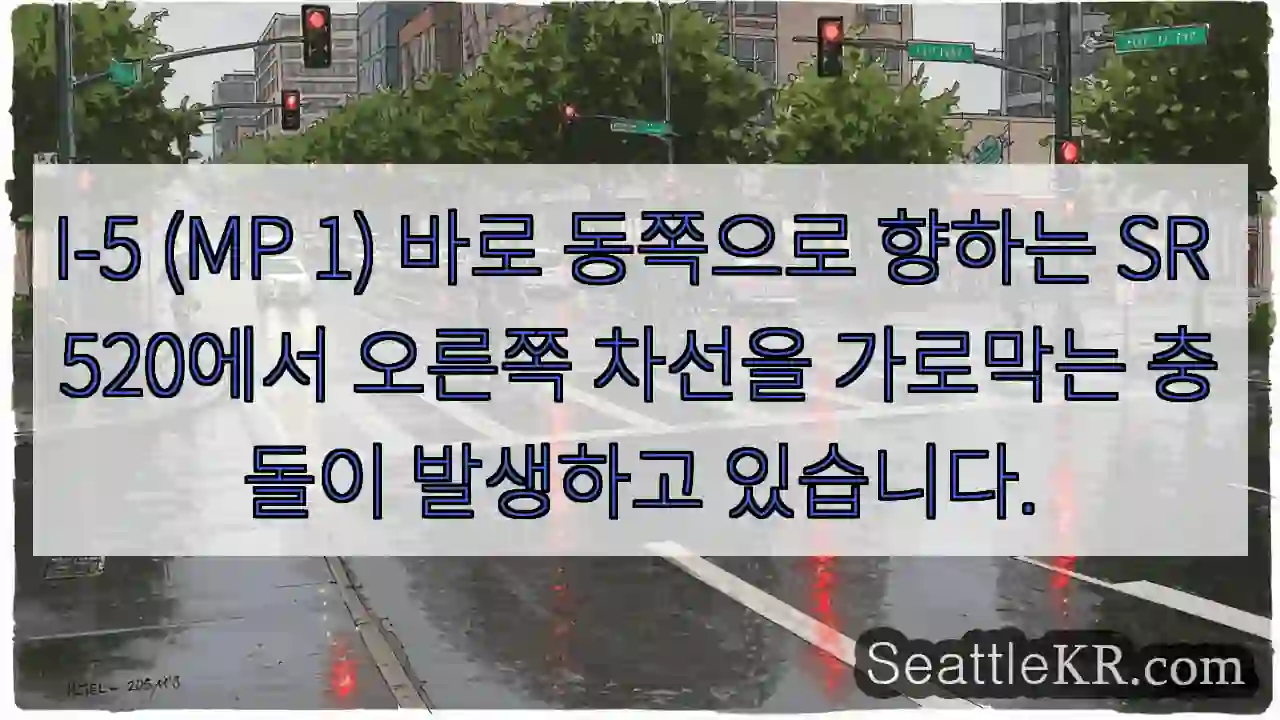 I-5 (MP 1) 바로 동쪽으로 향하는 SR 520에서 오른쪽 차선을 가로막는 충돌이